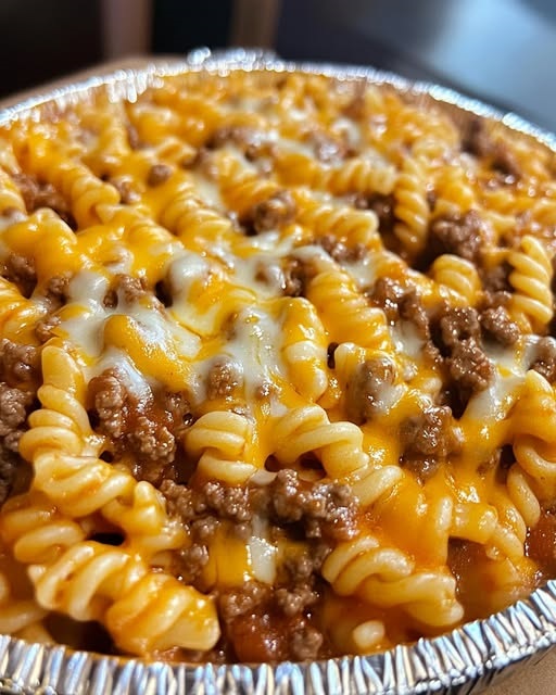A skillet of cheesy sloppy cheeseburger pasta with ground beef, pasta shells, and melted cheese in a rich, savory sauce.