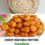 Golden-brown cheesy vegetable fritters stacked on a plate, garnished with fresh herbs and served with a side of dipping sauce.
