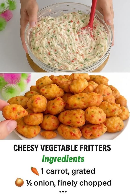 Golden-brown cheesy vegetable fritters stacked on a plate, garnished with fresh herbs and served with a side of dipping sauce.
