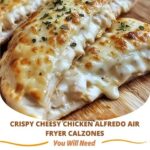Golden, crispy chicken alfredo air fryer calzones filled with creamy alfredo sauce, chicken, and melted cheese.
