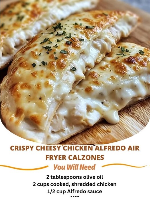 Golden, crispy chicken alfredo air fryer calzones filled with creamy alfredo sauce, chicken, and melted cheese.