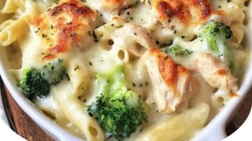 A cheesy Chicken & Broccoli Alfredo Bake with tender chicken, broccoli, and pasta, topped with melted cheese.