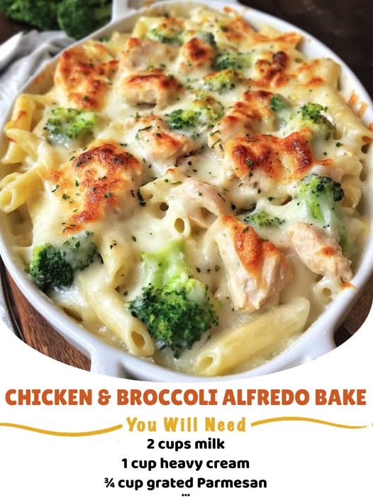 A cheesy Chicken & Broccoli Alfredo Bake with tender chicken, broccoli, and pasta, topped with melted cheese.