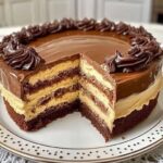 A rich chocolate cake layered with cream cheese filling, topped with a glossy chocolate glaze and garnished with chocolate shavings and a dusting of powdered sugar.