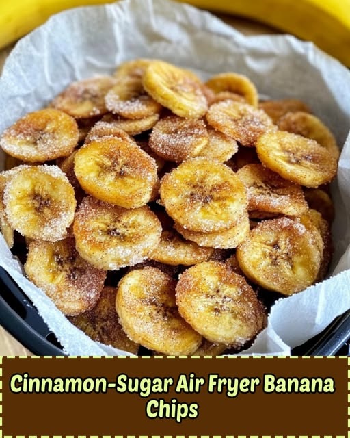 Crispy cinnamon-sugar banana chips served in a bowl, made in an air fryer.