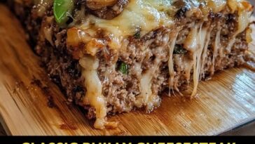 Sliced Philly cheesesteak meatloaf topped with melted cheese and sautéed peppers and onions.