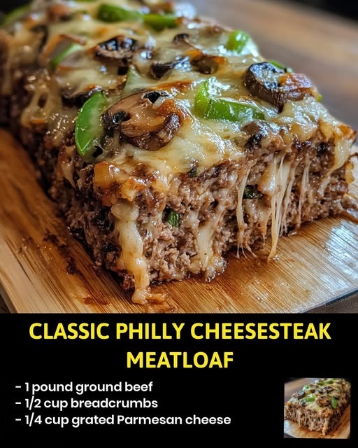 Sliced Philly cheesesteak meatloaf topped with melted cheese and sautéed peppers and onions.