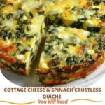 A golden, crustless quiche with visible layers of wilted spinach and creamy cottage cheese, sliced and ready to serve.