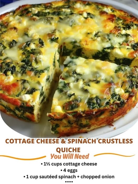 A golden, crustless quiche with visible layers of wilted spinach and creamy cottage cheese, sliced and ready to serve.