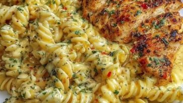 Creamy garlic Parmesan chicken served over cheesy twisted pasta with herbs.