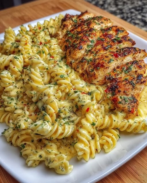 Creamy garlic Parmesan chicken served over cheesy twisted pasta with herbs.
