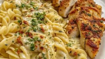 Creamy garlic Parmesan chicken served over cheesy twisted pasta on a white plate, garnished with fresh parsley.