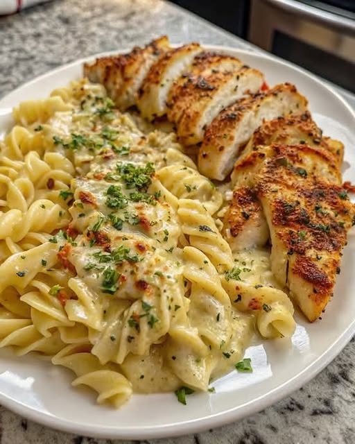 Creamy garlic Parmesan chicken served over cheesy twisted pasta on a white plate, garnished with fresh parsley.