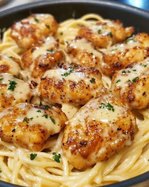 Creamy Parmesan pasta topped with sautéed garlic butter chicken, garnished with fresh herbs.