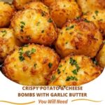 Golden, bite-sized potato balls with a crispy exterior, oozing melted cheese, drizzled with garlic butter and garnished with parsley.
