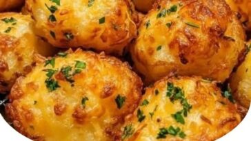 Golden, bite-sized potato balls with a crispy exterior, oozing melted cheese, drizzled with garlic butter and garnished with parsley.