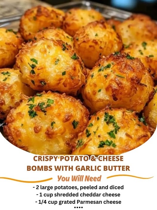 Golden, bite-sized potato balls with a crispy exterior, oozing melted cheese, drizzled with garlic butter and garnished with parsley.