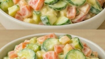 A bowl of creamy cucumber salad with sliced hard-boiled eggs, thin cucumber rounds, red onion slivers, and fresh dill, all coated in a smooth, creamy dressing.