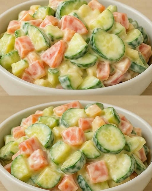 A bowl of creamy cucumber salad with sliced hard-boiled eggs, thin cucumber rounds, red onion slivers, and fresh dill, all coated in a smooth, creamy dressing.