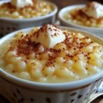 A traditional bowl of Namakwaland-style tapioca pudding, topped with cinnamon and a drizzle of condensed milk.