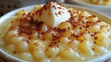 A traditional bowl of Namakwaland-style tapioca pudding, topped with cinnamon and a drizzle of condensed milk.