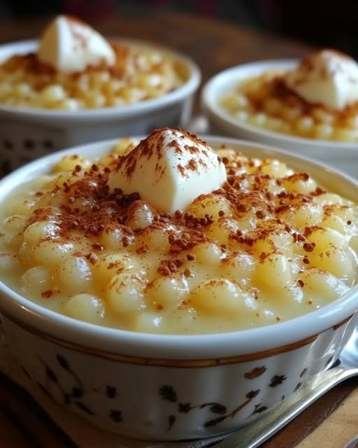 A traditional bowl of Namakwaland-style tapioca pudding, topped with cinnamon and a drizzle of condensed milk.