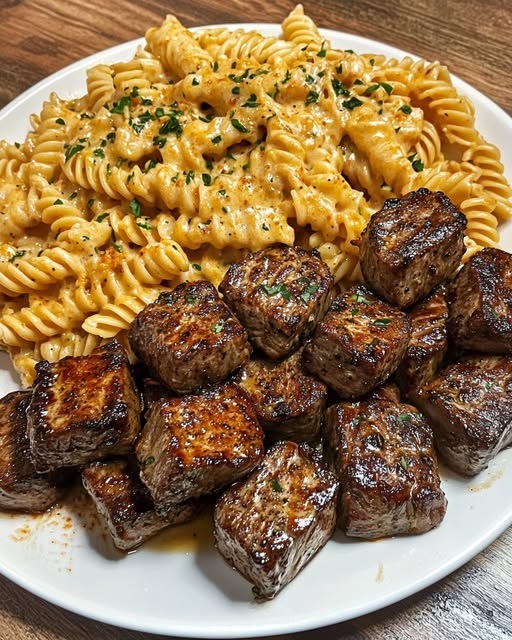 A plate of garlic butter steak bites served alongside twisted pasta coated in creamy spicy Cajun Alfredo sauce, garnished with parsley.