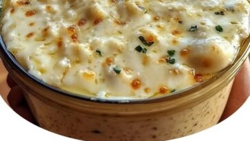 A small bowl of thick, creamy garlic pizza sauce garnished with herbs, surrounded by pizza ingredients like dough and cheese.
