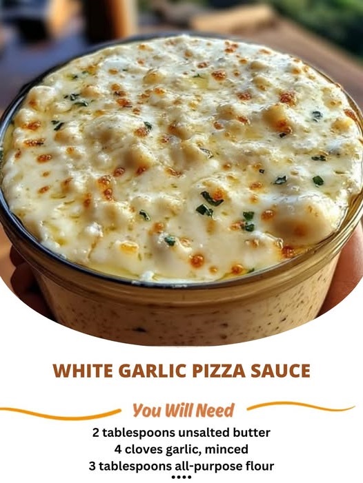 A small bowl of thick, creamy garlic pizza sauce garnished with herbs, surrounded by pizza ingredients like dough and cheese.