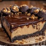 A giant Reese’s Peanut Butter Cup pie with a thick chocolate shell and creamy peanut butter filling, sliced to reveal the layers.