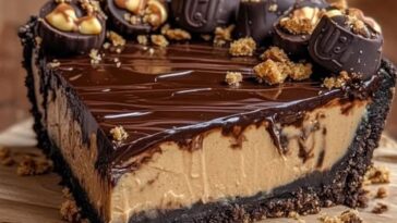 A giant Reese’s Peanut Butter Cup pie with a thick chocolate shell and creamy peanut butter filling, sliced to reveal the layers.