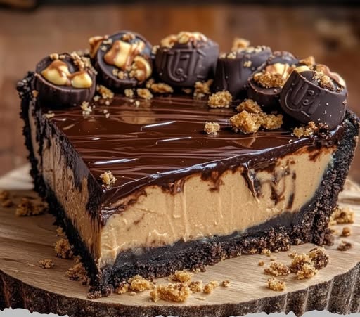A giant Reese’s Peanut Butter Cup pie with a thick chocolate shell and creamy peanut butter filling, sliced to reveal the layers.