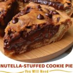 A slice of gooey Nutella-stuffed cookie pie with melted chocolate filling, served on a plate with a scoop of ice cream.