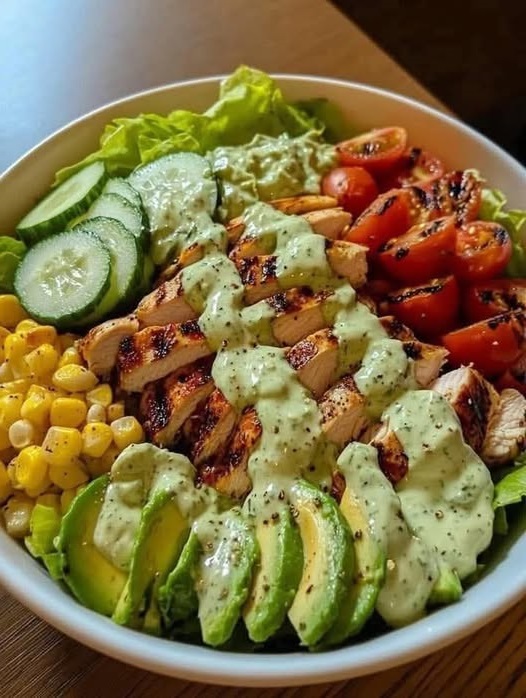 A fresh grilled chicken and avocado salad bowl with mixed greens, cherry tomatoes, and a light dressing.