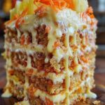 Slice of moist Hawaiian carrot pineapple cake topped with cream cheese frosting and garnished with shredded coconut.