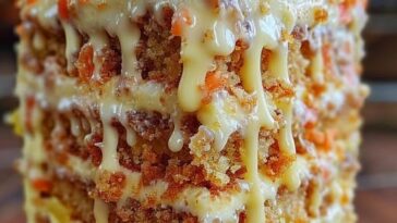 Slice of moist Hawaiian carrot pineapple cake topped with cream cheese frosting and garnished with shredded coconut.