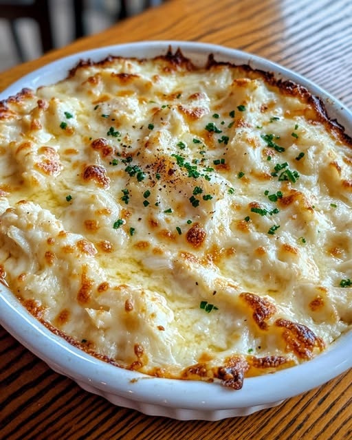 Creamy crab dip topped with melted cheese and herbs, served hot in a skillet with toasted bread and tortilla chips.
