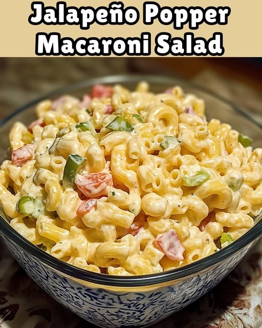 A bowl of creamy macaroni salad mixed with chopped jalapeños, crispy bacon, and a sprinkle of shredded cheddar cheese, topped with a dollop of sour cream.