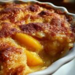 A warm, golden-brown peach cobbler with a buttery, biscuit-like topping, showcasing the soft and juicy peach filling beneath.