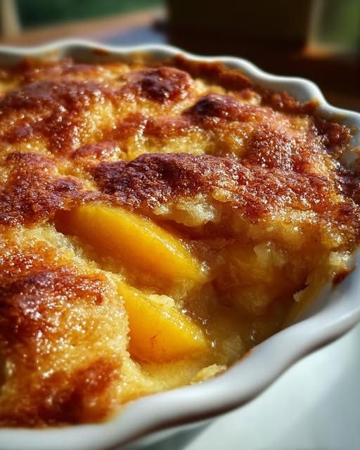 A warm, golden-brown peach cobbler with a buttery, biscuit-like topping, showcasing the soft and juicy peach filling beneath.