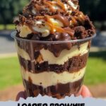 "Mini loaded brownie cheesecake cups in paper liners, topped with chocolate drizzle, cookie crumbs, and a swirl of whipped cream."