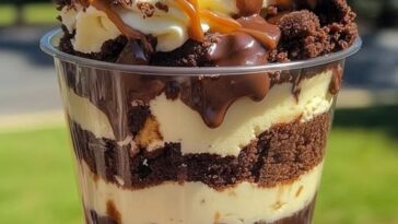 "Mini loaded brownie cheesecake cups in paper liners, topped with chocolate drizzle, cookie crumbs, and a swirl of whipped cream."