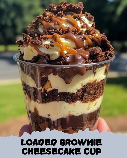 "Mini loaded brownie cheesecake cups in paper liners, topped with chocolate drizzle, cookie crumbs, and a swirl of whipped cream."