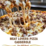 A hearty slice of meat lovers pizza casserole with layers of pasta, marinara sauce, melted cheese, pepperoni, sausage, and ground beef.