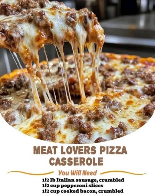 A hearty slice of meat lovers pizza casserole with layers of pasta, marinara sauce, melted cheese, pepperoni, sausage, and ground beef.