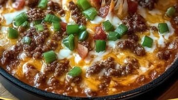 A hot, bubbling dish of Meaty Texas Trash Dip with layers of melted cheese, seasoned ground beef, refried beans, and topped with jalapeños, served with tortilla chips on the side.