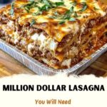 A hearty slice of Million Dollar Lasagna, with layers of rich cheese, creamy ricotta, ground beef, marinara sauce, and perfectly baked golden top, served on a plate.
