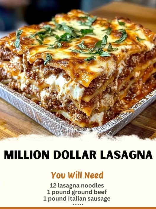 A hearty slice of Million Dollar Lasagna, with layers of rich cheese, creamy ricotta, ground beef, marinara sauce, and perfectly baked golden top, served on a plate.