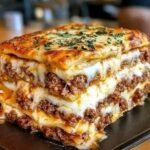A generous slice of layered Million Dollar Lasagna with melted cheese, meat sauce, and creamy filling, garnished with parsley.