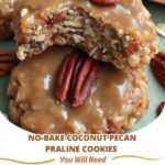 Chewy, golden-brown coconut pecan praline cookies stacked on a plate, with a glossy, caramelized finish and bits of coconut and pecans visible.